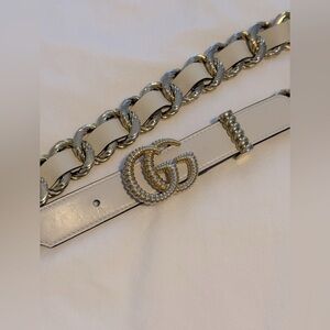 Gucci Calfskin Torchon Double G Chain Black Leather thin Belt Size 85